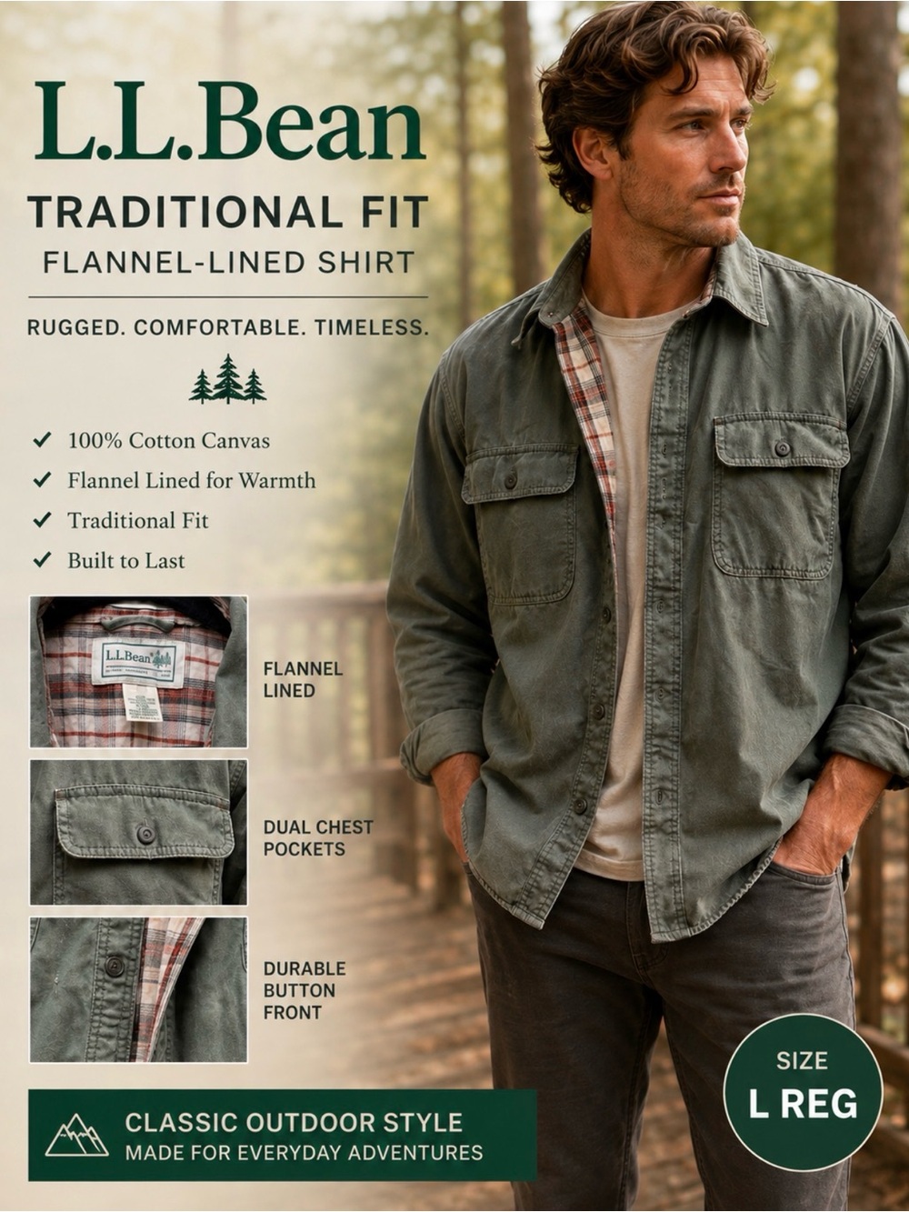 L.L.Bean Traditional Fit Flannel-Lined Shirt button Top size L Large green